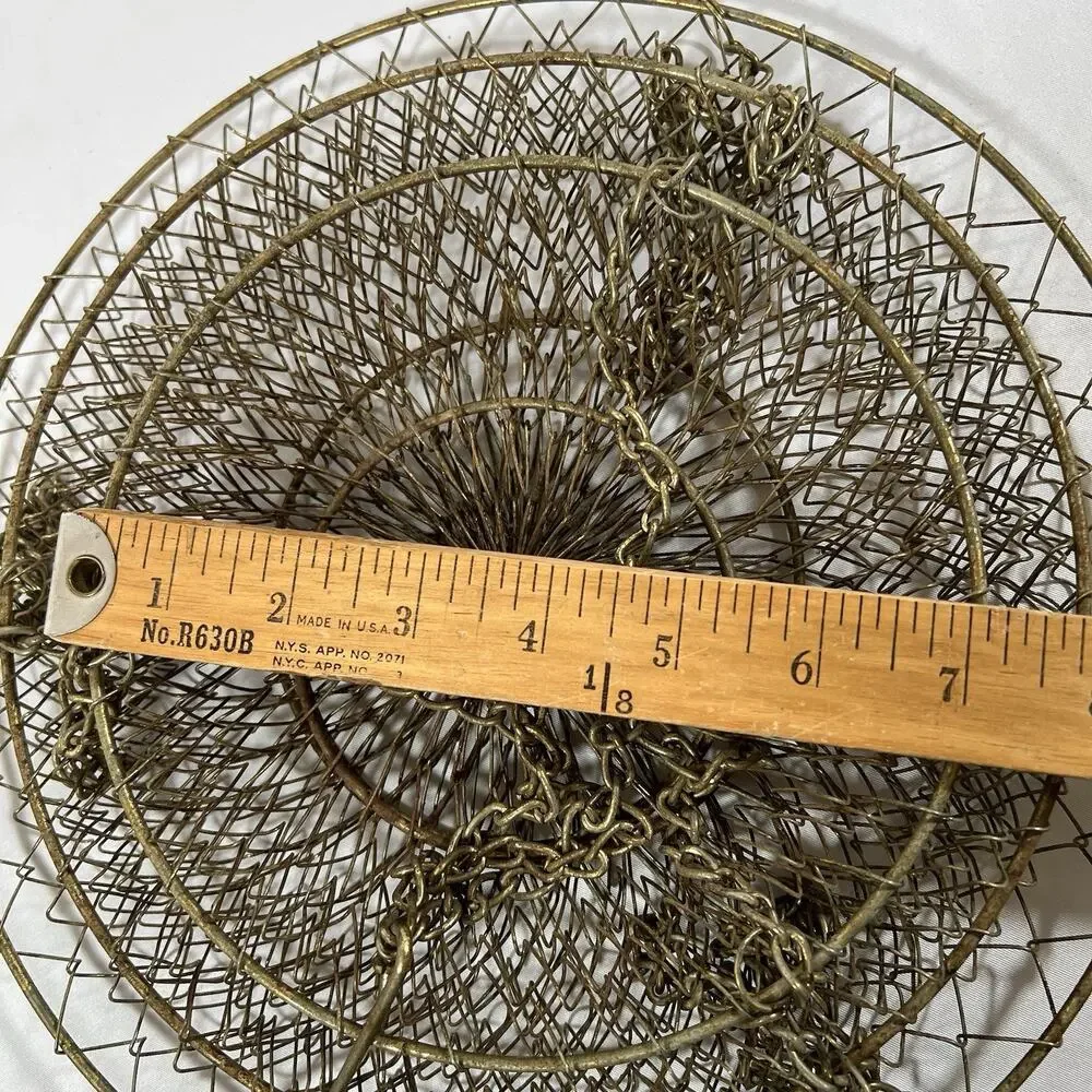 Vintage 3 Tier Distress Brass Gold Patina Metal Hanging Wire Fruit Basket